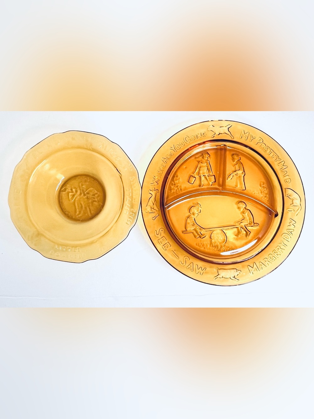 Vintage Tiara Indiana Glass Mother Goose Amber Childs Divided Plate Bowl Set